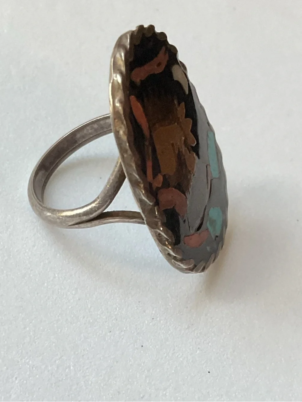 Vintage Sterling Native American Coin Gemstone Mosaic Inlay Ring Size 5.25